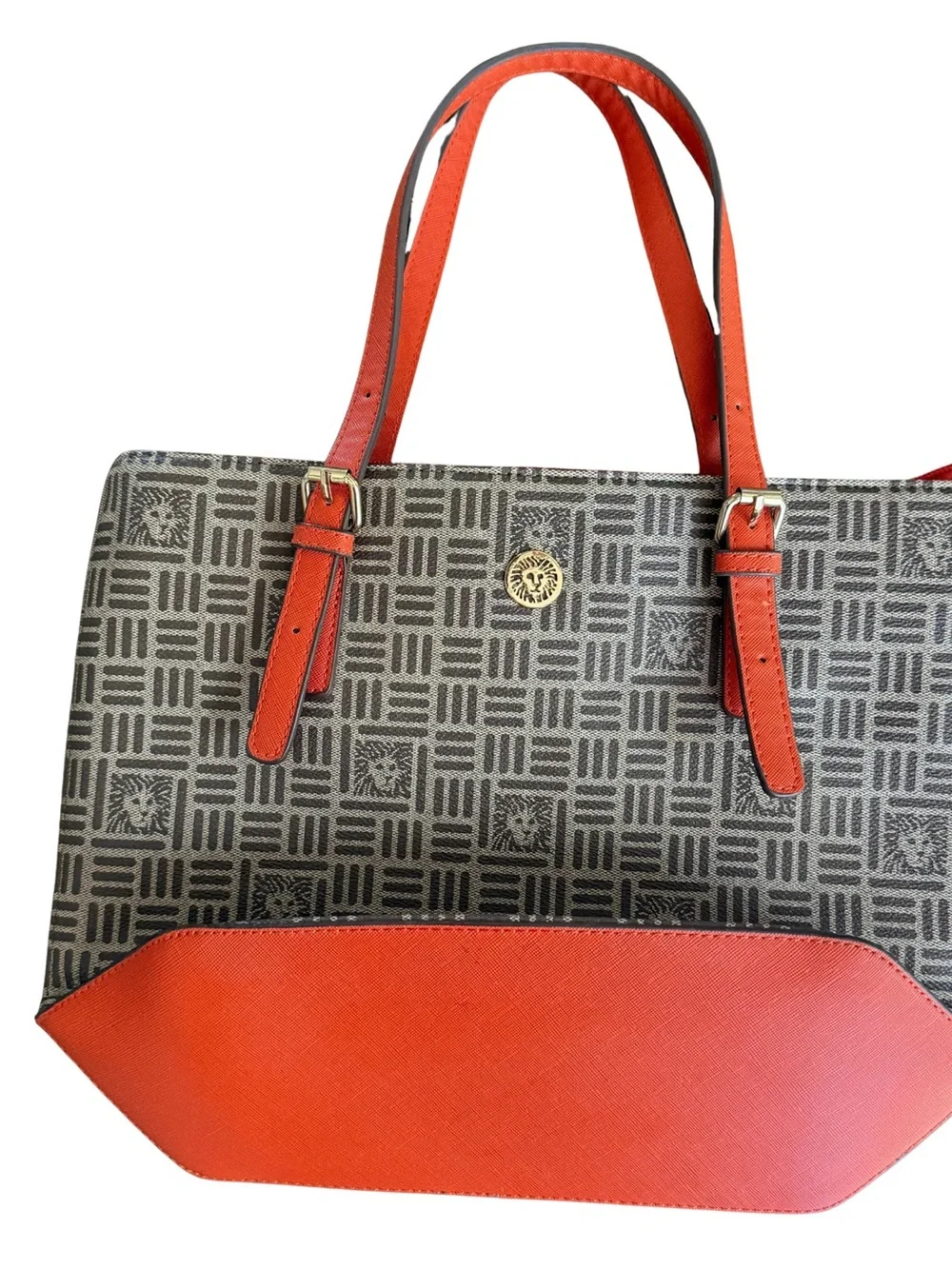 Anne Klein Brown Logo Monogram Tote Bag Orange Trim Shoulder Purse
